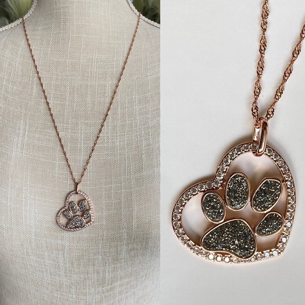 FAC Sparkly Crystal Paw Print Necklace Rose Gold Tone​​​